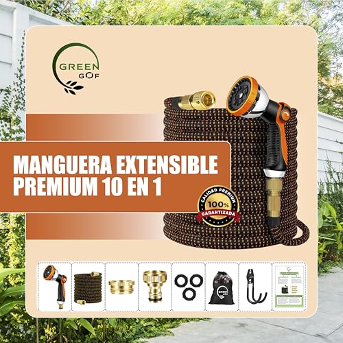 GREENGOF Manguera de Jardín Premium 15 Metros - Boquilla de Pulverización de 10 funciones, Ligera y Extensible - Conectores de Latón y Alta Resistencia con Núcleo de Látex - Color Naranja. - imagen 6