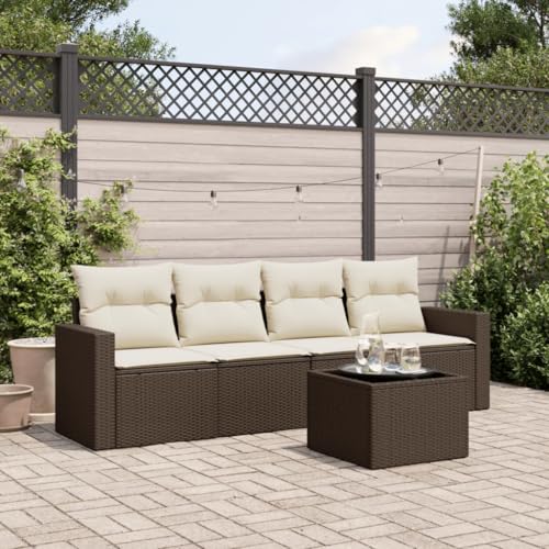 SKM Set Comedor de jardín 5 Piezas y Cojines ratán sintético marrón,Mobiliario,Muebles de jardín,Asientos de Exterior,Sofás modulares de Exterior,Marrón,43.2 kg,3251030