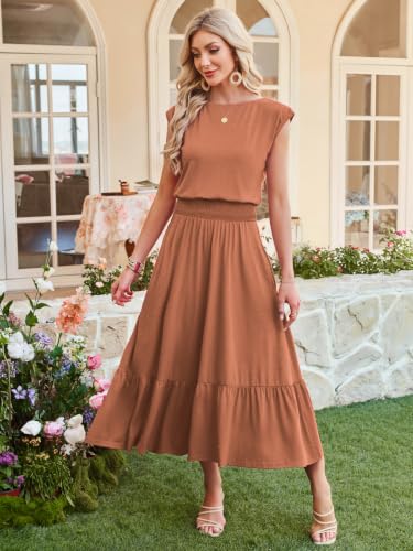 Image of Kikibell Womens Summer Dresses Cap Sleeve Elastic Waist Midi Dress with Pocket Long Causal Sundress Beach Vacation Outfits
