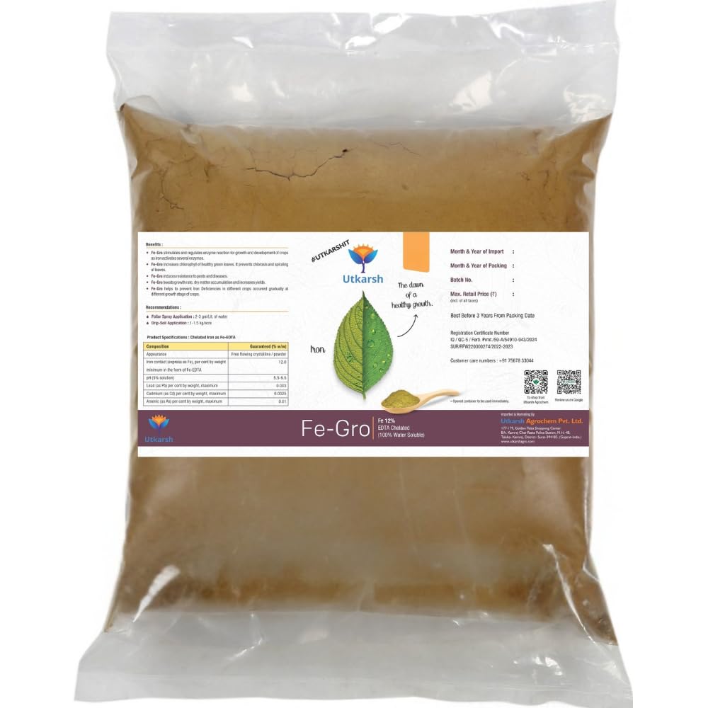 Utkarsh Iron - 12% EDTA Chelated for Plants, 100% Water Soluble Fertilizers, Micronutrients for Vegetables, Fruits, Flowers & Home Garden, Correct Iron Deficiency | FeGro (5 Kg; Pack of 1)