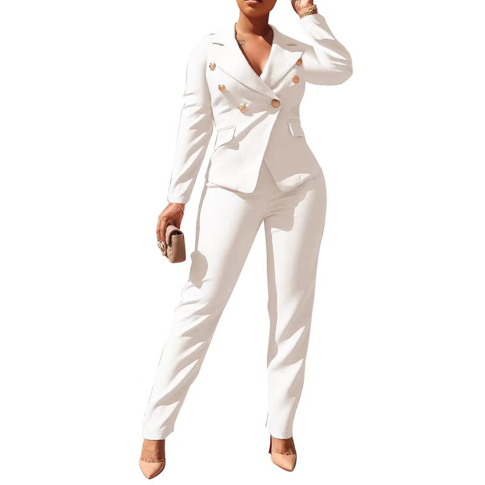 SprifloralWomen 2 Piece Outfits Suits Set Long Sleeve Button Blazer High Waisted Pants Jumpsuit for Business Work