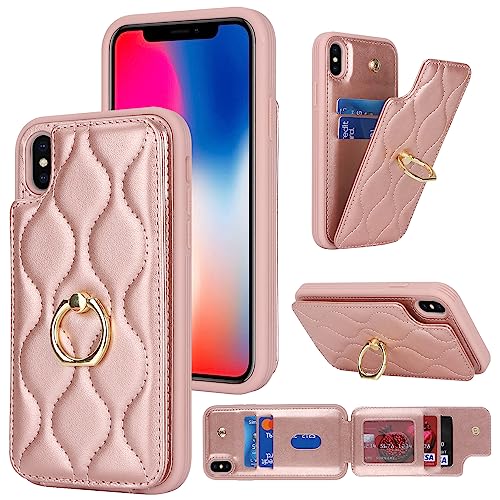 Image of for iPhone X Case with Card Holder,iPhone Xs Wallet Case for Women,Credit Card Holder,Stand Ring Kickstand and RFID Blocking,PU Leather Phone Case for iPhone X /XS 5.8 inch(Rose Gold)