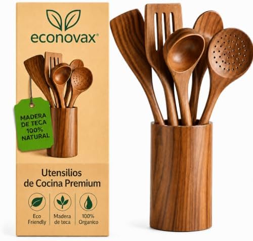 Utensilios de Cocina de Madera de Teca 100% Natural – Set de 6 Pi...