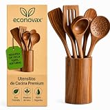 ECONOVAX Utensilios de Cocina de Madera de Teca 100% Natural – Set de 6 Piezas con Soporte – Cucharas, Espátulas y Cucharones para Sartenes Antiadherentes – Resistentes y Elegantes