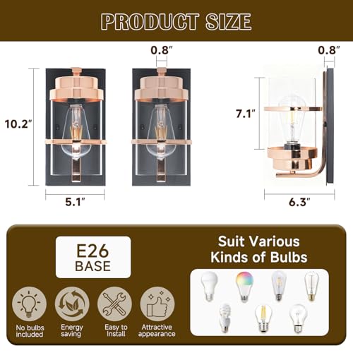 Image of Rose Gold and Black Wall Sconce, Modern Vanity Light Fixture | Hardwired,E26 base,mid-century clear glass sconce for mirror.hallway.bathroom.fireplace