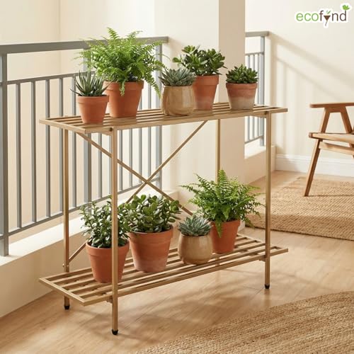 Image of ecofynd Eric Plant Stands for Outdoor Balcony, Flower Pot Stand for Indoor Plants, Large Metal Planter Stand for Living Room, home decor, Indoor & Outdoor plants, 2 Tier (35 Inch, PS041-GO)
