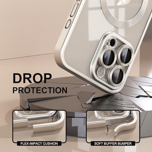 Image of Misea Magnetic for iPhone 15 Pro Max Case Compatible with MagSafe | Never Yellowing, Military Drop Protection, Full Camera Lens Protector Plating Soft Clear Phone Case Women, Titanium Natural
