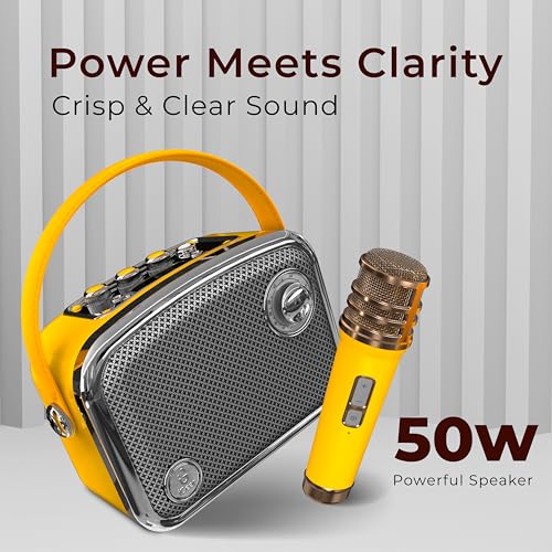 Image of iGear Classic Retro Bluetooth Speaker with Wireless Mic | 50W Powerful Sound, 2500mAh Battery, Bluetooth 5.3, MP3 Player, AUX | Portable Karaoke Speaker for Home, Parties | Yellow | 1 Year Warranty