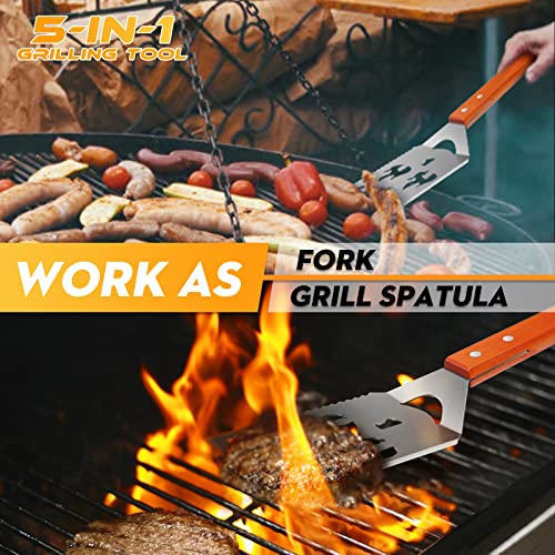 Purplebird Grill Spatula For Outdoor Grill, 5 In 1 Grilling Tools 16" Long Bbq Spatula With Wooden Handle, Father's Day Gifts, Gifts For Men #TOP3