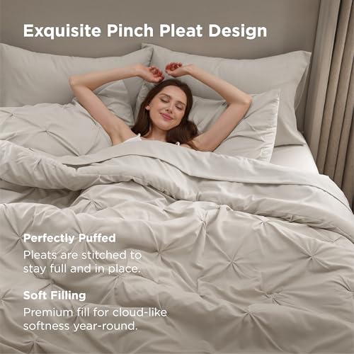 Image of Bedsure Queen Comforter Set Linen - Bed in a Bag Queen Size Bedding 7 Pieces, GentleSoft Pintuck Bed Set Gift for Family, All Season Down Alternative Comforter with Sheets, Pillowcases & Shams