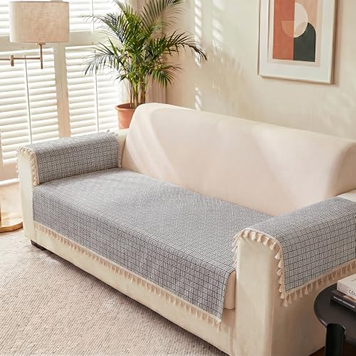 Image of Story@Home Quilted Anti Slip Sofa Cover Mat with 2 Armrest Cover, 2 Seater Velvet Sofa Protector with Tassels | Sofa Cover Mat for 1 /2 /3 Seater & L-Shape Sofa - 76 x 122 Cm - Navy Blue & White