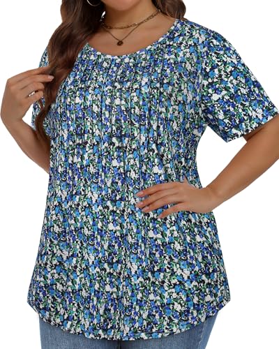 Image of Plus Size Tops for Women Pleated Summer Top Trendy Short Sleeve Shirts Casual Basic Tee Crew Neck Blouses 2026