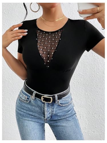 Women's Rhinestone Sheer Mesh Crewneck T Shirts Short Sleeve Slim Fit Tee Tops4