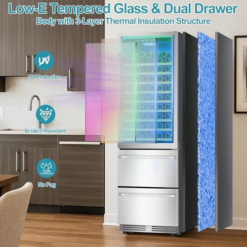 Image of Tylza Wine and Beverage Refrigerator, 24'' Dual Zone Wine Fridge with Dual Drawers, Holds 160 Cans and 120 Bottles, Reversible Door, Built-In or Freestanding, Beverage Fridge for Home or Commercial