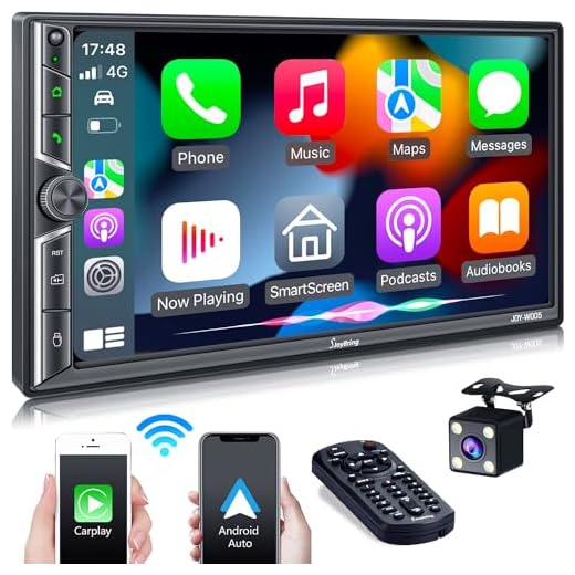 Double Din Car Stereo with Voice Control CarPlay, Bluetooth, Mirror Link, 7 Inch HD Capacitive Touchscreen Multimedia Player, Backup Camera, Subw, USB/SD Port, FM/AM Car Radio Receiver