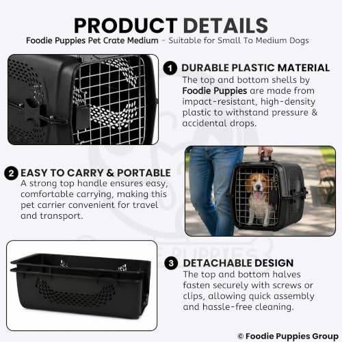 Image of Foodie Puppies Imported Plastic Pet Travel Carrier Cage (58 x 37 x 37 cm, Medium) for Small to Medium Dogs, Cats, Puppies & Small Animals | Portable Transporter Box with Metal Door & Spring Lock