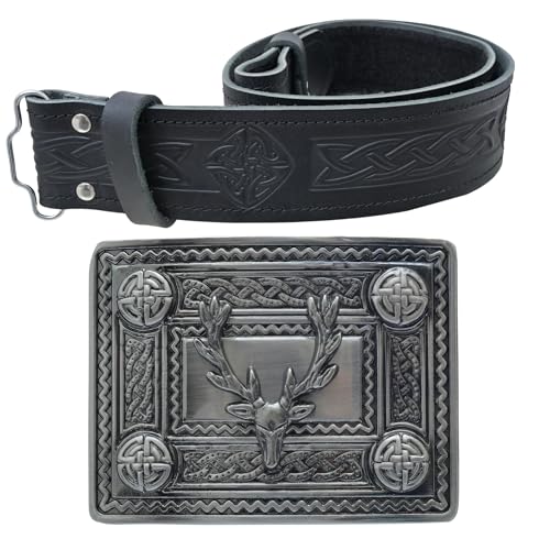 Kilt Belt and Buckle Set - Scottish Celtic Embossed Genuine Leather Belt Stag Head Buckle 4 Demo Pewter, Kilt Belts for Men