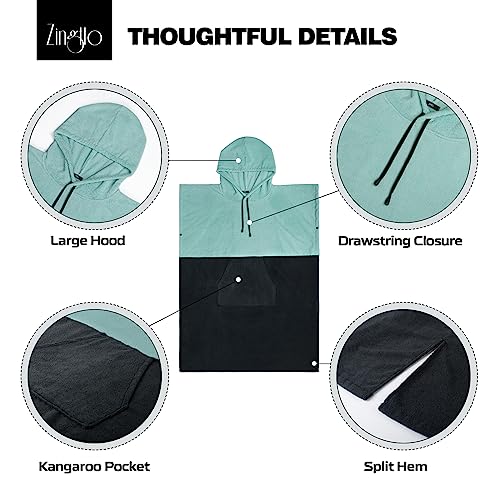 Zingtto Surf-Poncho, Extra Großer, Dicker Handtuch-Poncho für Männer und Frauen mit Kapuzentasche zum Schwimmen am Strand, 47''x37'', Schwarzgrün