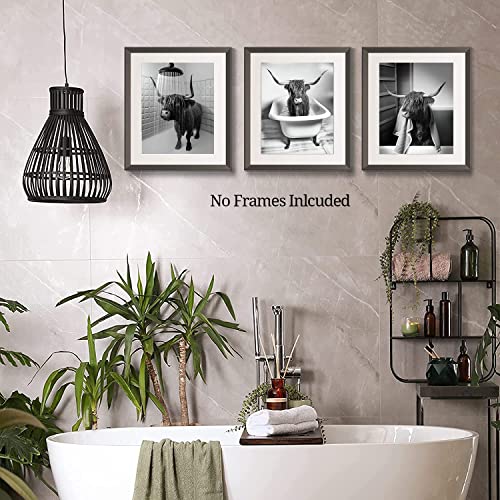 Funny Highland Cow Bathroom Wall Art Prints, Vintage Black And White Rustic Style Cute Bathroom Cow Canvas Art Poster For Bathroom Restroom Decoration, Farmhouse Wall Decor, Set Of 4(8"X10" Unframed) #TOP3
