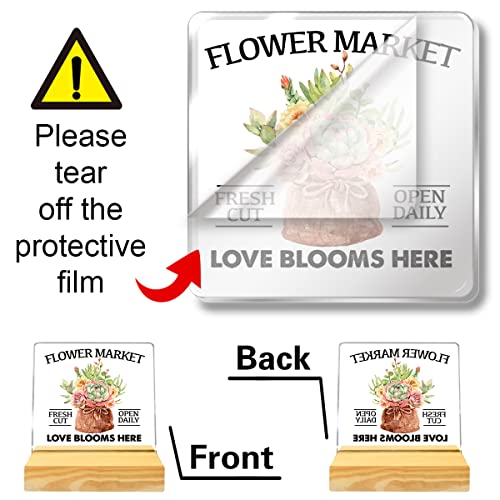 Flower Market Love Boom Here Plaque Sign Desk Decor,Spring Flower Acrylic Plaque Sign With Wooden Stand Table Decor For Flower Market Shop Farmhouse Home Office Kitchen Tabletop Decor #TOP1