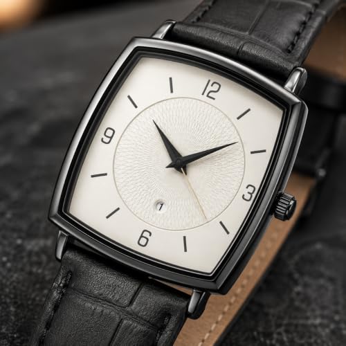 Image of Analog Watch for Man Black Leather Strap White Dial Luxury Rectangle Design