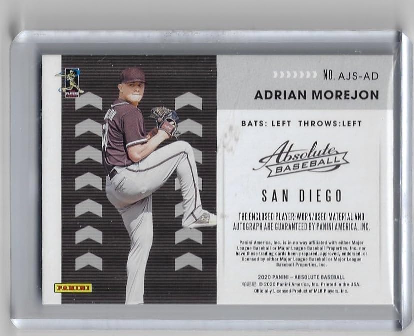 Adrian Morejon Autographed & Serial Numbered #12/49 Jersey Signatures Game Used Jerseyt Game Used Material Jersey Rookie Card Collectible Baseball Card -2020 Panini Absolute Baseball Card #AJS-AD (Padres)
