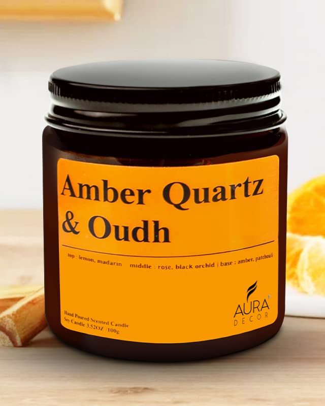Image of AuraDecor Scented Jar Candle | Handpoured Soy Wax Candle with Long Lasting Burn Time | Premium Amber Jar Aromatherapy Candle | Ideal Gift for Home & Decor (Large, Amber Quartz & Oudh)