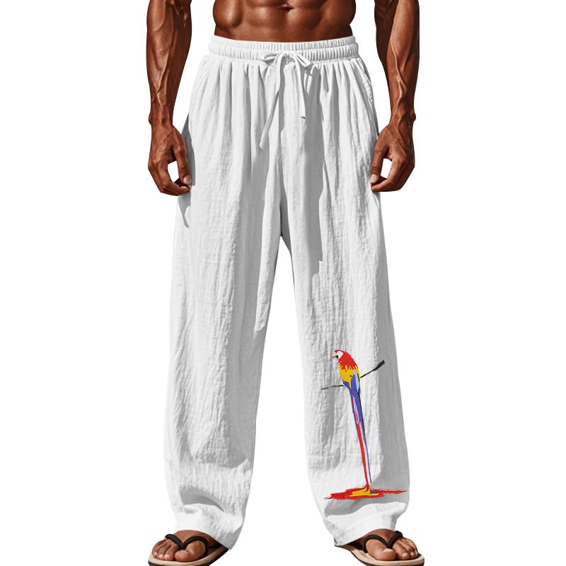 Men's Lightweight Loose Fit Comfy Pants Casual Summer Vacation Solid Color Trousers Parrot Printed Trendy Outfits Classic Drawstring Wide Straight Leg Streetwear White 2XL