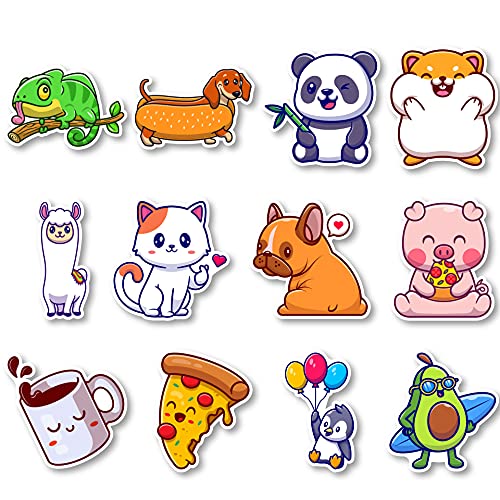 Pegatinas Kawaii Cute Animales Comida | Pack 12 Piezas | Adhesivos para Coche, Pala de Pádel, Ordenador, Guitarra, Agenda