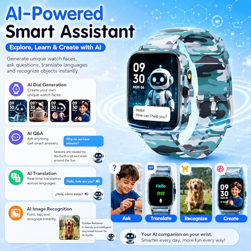 Image of Smart Watch for Kids Boys Age 5-12, Ai Functions Games HD Touch Screen Watches with Video Camera Music Player Pedometer Heart Rate Sleep Tracker Christmas Birthday Gifts for Boys (Camouflage, 1.85 inch)
