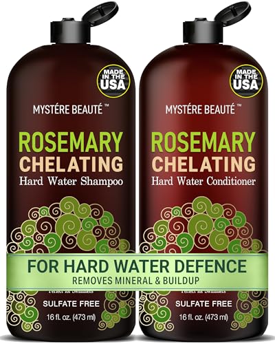 MYSTÈRE BEAUTÉ Rosemary Chelating Shampoo and Conditioner Set - 16 oz Each - Hard Water & Chlorine Removal with Biotin, Keratin & Tea Tree – Sulfate Free Clarifying Hair Strengthening Formula