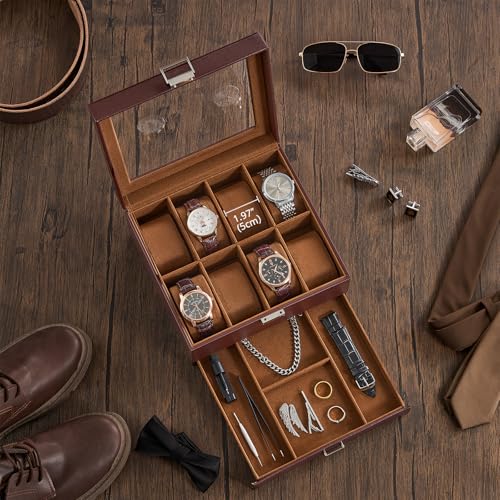 ProCase Uhrenbox mit 8 Fächern, 2 Ebenen Uhrenkasten mit Glasdeckel, Uhrenkoffer mit herausnehmbaren Uhrenkissen, Uhrenschatulle für Schmuck- Espresso