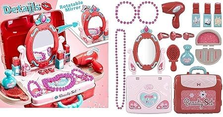 TONICTOYS 3 in 1 Beauty Makeup Plastic Pretend Play Set Fashion Set Suitcase Toy, Gift for Girls 3-8 Year Old Kids,Multi Color (3 in 1 Beauty Set) 3