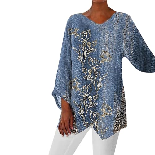 ZTFYKLIN Camiseta Deporte Mujer Tops Tipo Túnica Verano para Mujer, Pantalón Informal Manga con Cuello En V, Camisetas Polainas, Estampados Digitales Y Cómodos, 2024 (Blue, S) Ropa Talla Grande