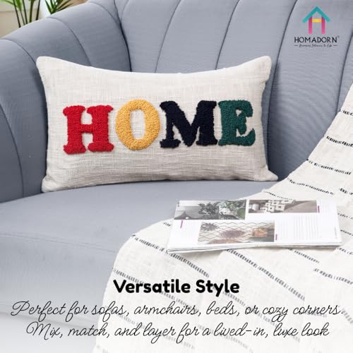 Image of HOMADORN 100% Cotton Text Pattern Handtufted /Embroided Decorative Cushion Cover (12X20 Inches) (1, Home Multicolor)