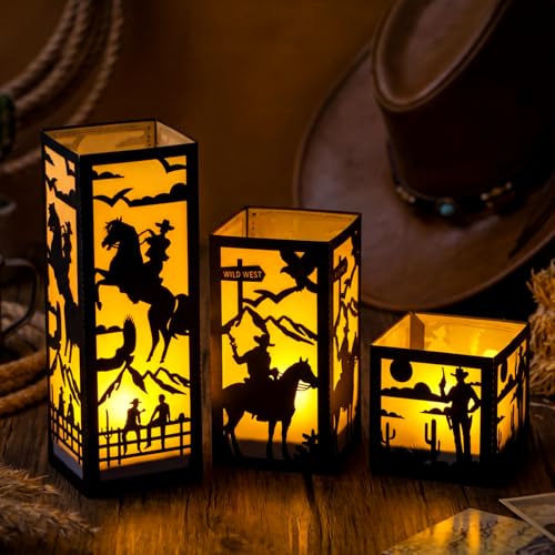 Image of Rossesay 24 Pcs Western Cowgirl Centerpieces Party Decor for Table, 3 Size Wild West Paper Lantern with LED Candle for Last Rodeo Bachelorette, Cowboy Themed Birthday Party Decorations
