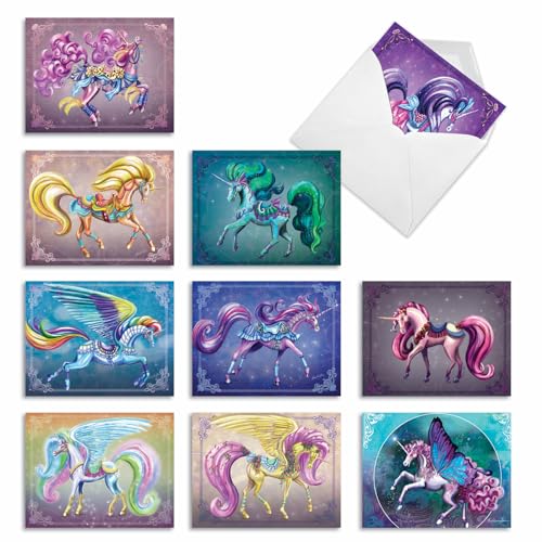 The Best Card Company - 10 Blank Note Cards for Kids (4 x 5.12 Inch) - Fun Mythical Fantasy Cards, Assorted Greetings Boxed - Unique Unicorns AM6294OCB-B1x10