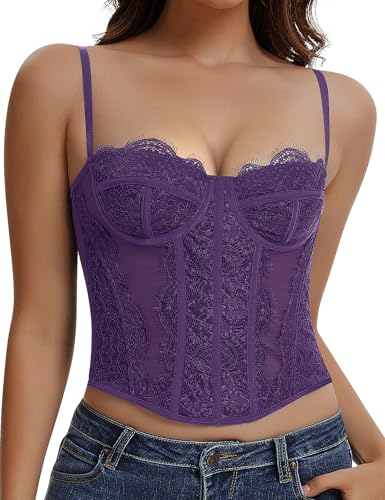 Image of Lace Corset Tops for Women Sexy Going Out Bustier Top Sleeveless Adjustable Straps Crop Tops with Back Hooks