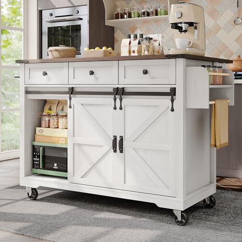 Îlot de Cuisine, Chariot de Service avec Plan de Travail Coulissant, avec 2 Portes et 3 tiroirs, avec Grain de Bois, 140 * 45 * 94 cm, Blanc