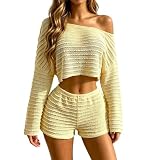 Generisch Set di pantaloncini da donna in due pezzi, con top asimmetrico, per tempo libero, leggeri, traspiranti, casual, per vacanze e tempo libero, taglie S-XXL, giallo., S