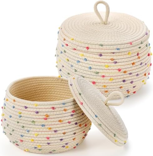 Dicunoy Set of 2 Small Basket with Lids, Round Cotton Rope Storage Basket with Lid, Decorative Woven Storage Bin for Organizer, Cute Colorful Rainbow Empty Gift Containers for Towel, Snacks, Nursery