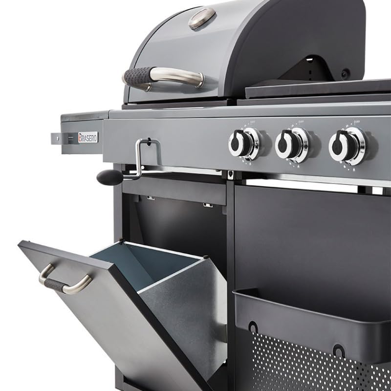 BRASERO BY FAVEX – Bi‑Energy Gun Metal – Plancha gaz & barbecue charbon avec brûleur latéral – 12,95 kW – Plaque fonte émaillée 60 x 42 cm – Grille fonte – Jusqu'à 14 convives – Certifié LONGTIME