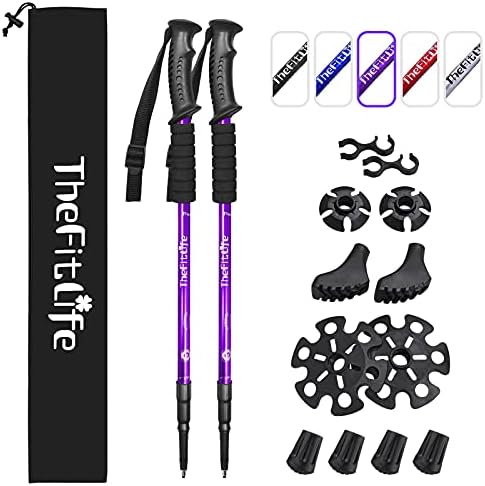 TheFitLife Nordic Walking Trekking Poles - 2 Packs with Antishock and Quick Lock System, Telescopic, Collapsible, Ultralight for Hiking, Camping, Mountaining, Backpacking, Walking, Trekking (Purple)