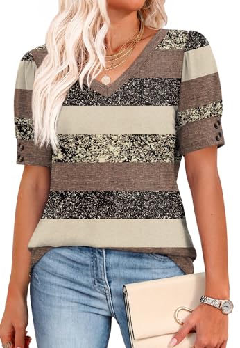 Image of OFEEFAN Womens Tops Short Sleeve Shirts Buttons V Neck Spring Fashion Summer Outfits Plus Size Blouses Dressy Casual