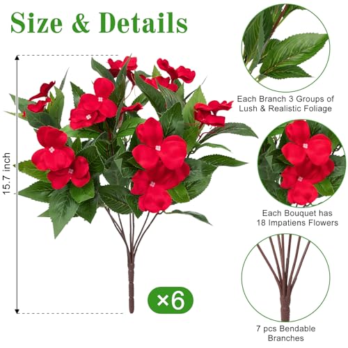 Image of Bassion 6 Bundles Artificial Flowers for Outdoors Fake Impatiens, Red | UV resistant, silk flowers, no fade realistic faux plants, outside patio garden porch planters window box balcony home decor