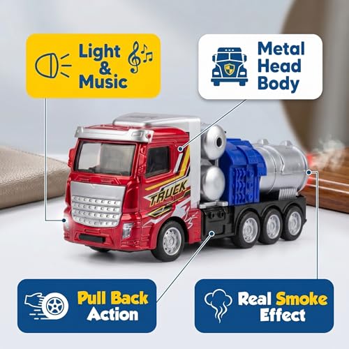 Image of Die Cast Metal Truck Toy with Light, Sound & Smoke Effects, Pull-Back Action Vehicle, Red & Black, Battery Operated, Ages 3+, with LED Headlights and Real Smoke Function