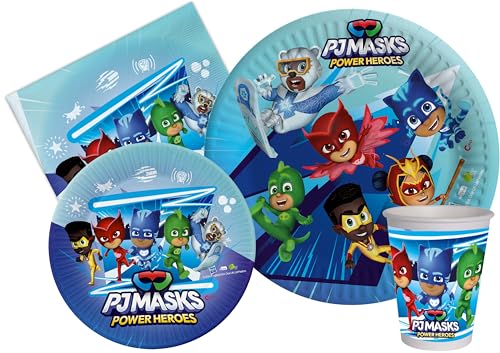 Ciao - Kit louça de festa PJ Masks para 24 pessoas (112 unidades: 24 pratos Ø 23 cm, 24 pratos Ø 18 cm, 24 copos 250 ml, 40 guardanapos 33 x 33 cm) de papel compostável eco-friendly