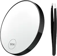Espelho de ampliação 30X, espelho de maquiagem com 2 ventosas e pinças, espelho de chuveiro para maquiagem, cosméticos, depilação, arrancar sobrancelhas, preto