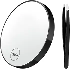 Espelho de ampliação 30X, espelho de maquiagem com 2 ventosas e pinças, espelho de chuveiro para maquiagem, cosméticos, depilação, arrancar sobrancelhas, preto
