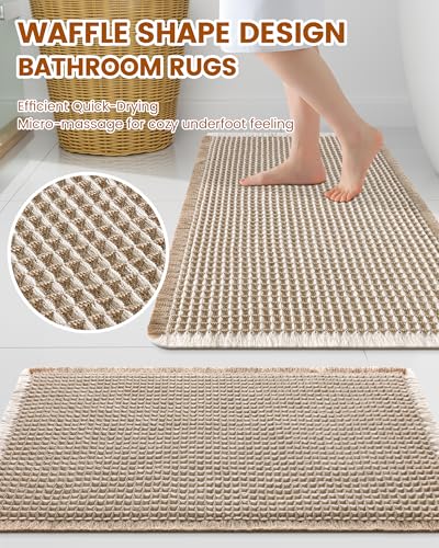 Image of Smiry Waffle Bath Mat 30x20, Extra Soft Absorbent Bathroom Rugs, Non Slip Machine Washable Quick Dry Bath Rugs for Bathroom Floor, Tub, Shower, Home Decor Accessories, Brown & Cream